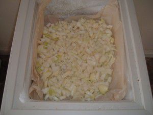 Chopped Onions on Greaseproof Paper in Freezer