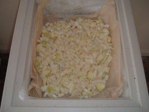 Chopped Onions on Greaseproof Paper in Freezer